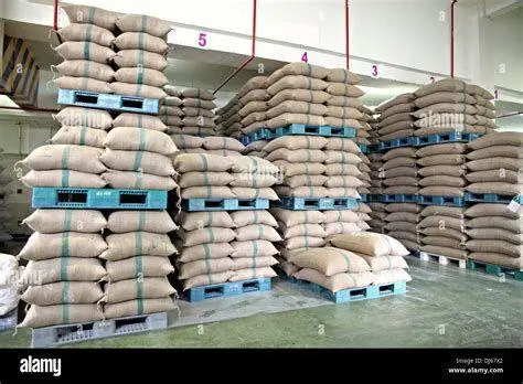 Penyimpanan Beras Skala Kuintal Tumpukan karung beras dalam kuintal di gudang