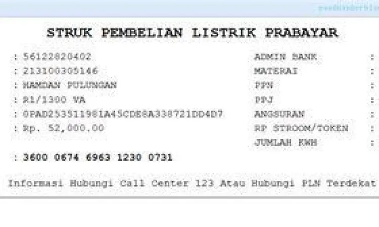 Detail rincian struk pembelian token listrik