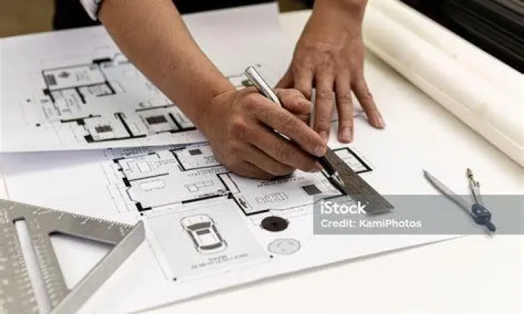 Arsitek menggunakan alat ukur untuk menentukan dimensi bangunan