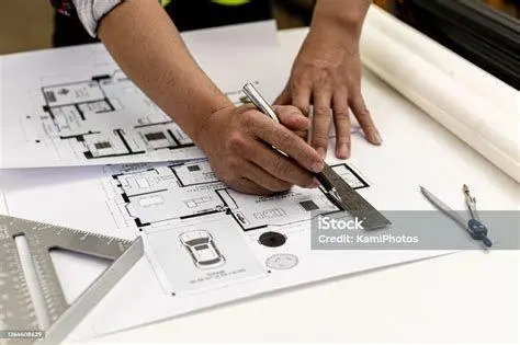 Pengukuran Arsitektur Arsitek menggunakan alat ukur untuk menentukan dimensi bangunan