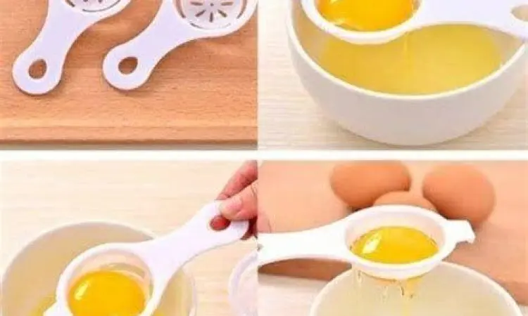 Proses pemisahan kuning telur dan putih telur di atas mangkuk