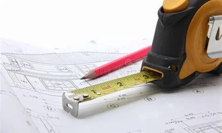 Denah konstruksi dengan alat ukur meter dan feet