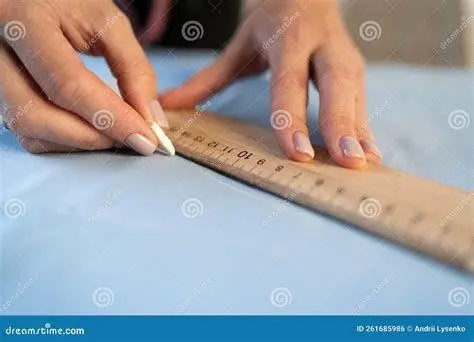 Proses Pengukuran Kain Penjahit mengukur kain dengan penggaris panjang