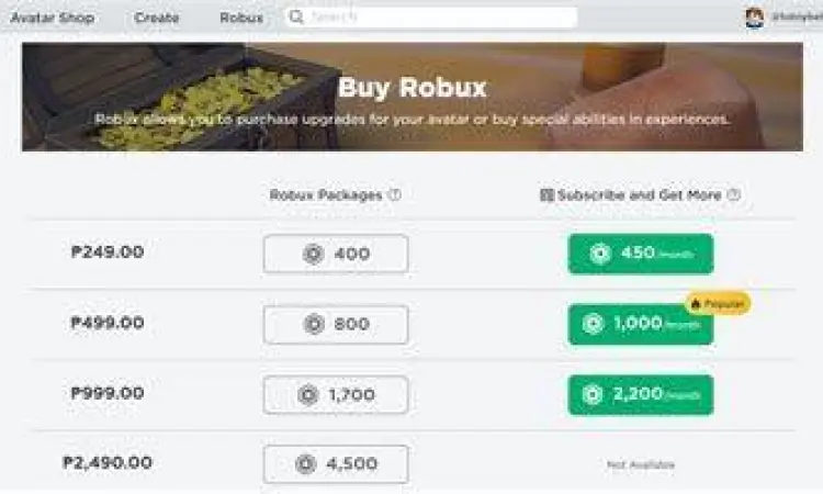 Tampilan paket harga robux terbaru
